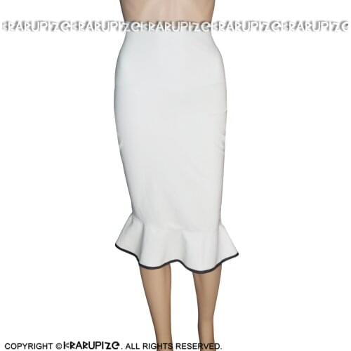 White And Brown Trims Sexy Latex Skirts Knee Length With Ruffles Zipper At Back Rubber Bottoms DQ-0031