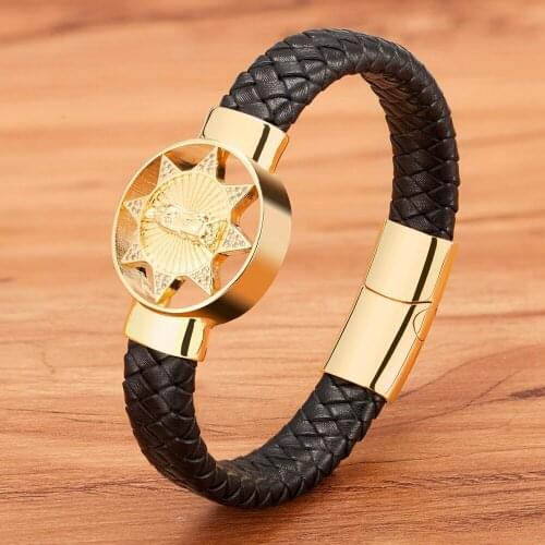 Fashion Woven Leather Rope Stainless Steel Mens Bracelet Star Cubic Zirconia Jesus Christmas Birthday Charm Jewelry Custom Logo