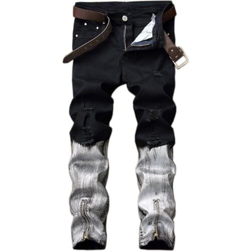 Hip hop skinny jeans men patchwork color black and white ripped jeans trousers zipper coating BIKER Jeans casual denim pants