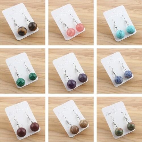 1pair 14mm Round Beads Natural Stone Opal Obsidian Tiger Eye Beads Reiki Gem Pendant Dangle Earrings For Women Jewelry Gifts