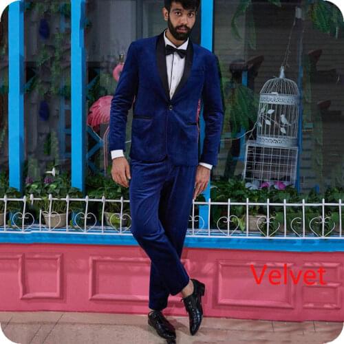 Retro Royal Blue Smoking Groom Tuxedo Men Suits Wedding Black Shawl Lapel Slim Fit Man Blazer Jacket 2Piece Pants Costume Homme
