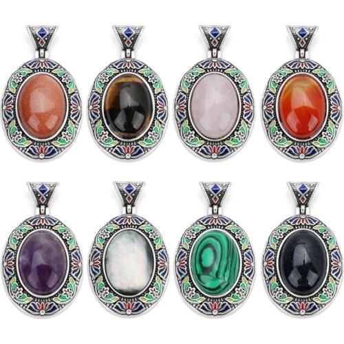 1PC 32x40mm Natural Stone Rose Quartzs Lapis Lazulis Tiger Eye Stone Pendant Beads with Alloy Bail Clasp for DIY Jewelry