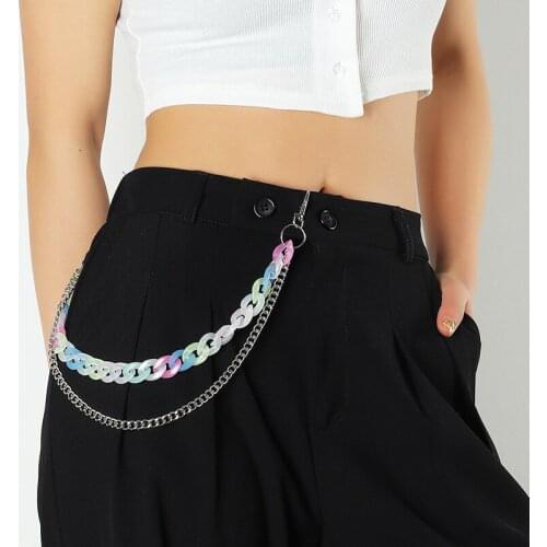2021 New Fashion Colorful Plastic Metal Chain Double Layer Keychain Pants Chain For Women Girls Trendy Jewelry Trousers Chain