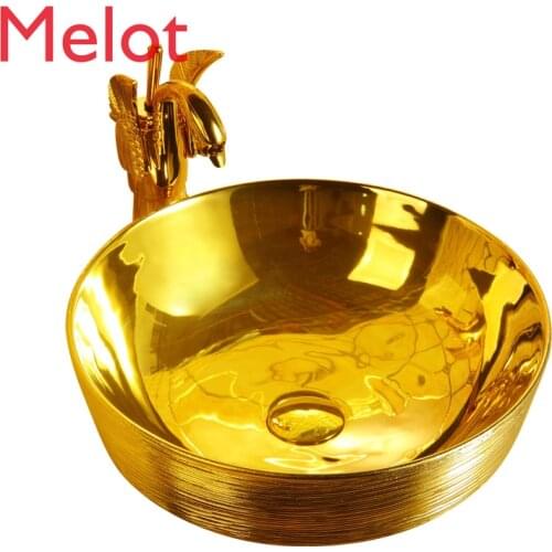 New Brushed Golden Washbasin Household Tyrant Gold Basin Basin round European Retro Art Table Basin