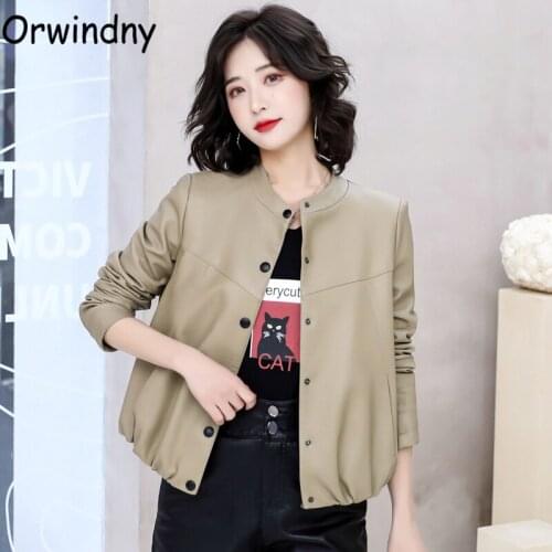 Orwindny Spring Solid Leather Coat Female Office Lady Fashion Clothing High Street O-Neck Short Leather Jacket For Girls