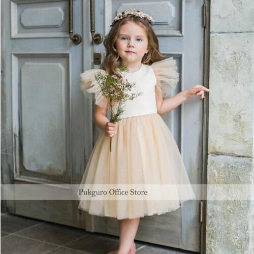 Champagne Flower Girl Dress for Weddings Puffy Sleeves A Line Tulle Kids Birthday Dress Tea Length Simple Communion Dress
