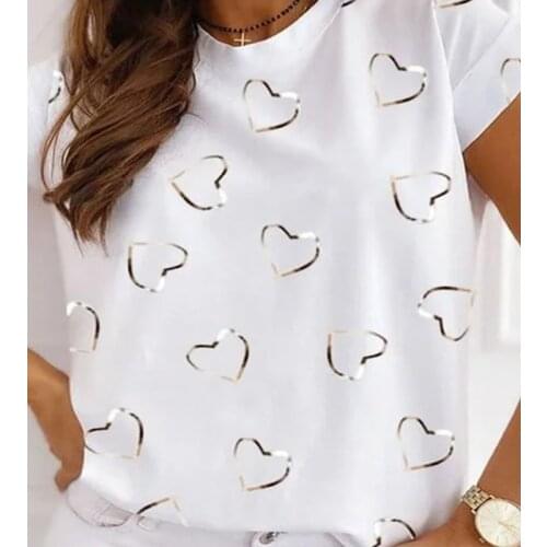 Short Sleeve Casual White Tops 3XL Fashion Women Love Printed O-Neck Tee Shirt Plus Size Loose Lady 2021 Spring T-shirts G2558