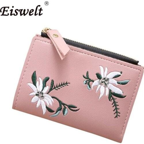 Dropshipping Hot Women Clutch 2018 New Wallet PU Women Embroidery Zipper Short Wallet Coin Purse Card Holders Handbag Freeship