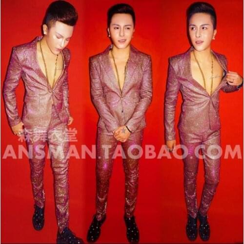 Luxury Men singer stage illusion rose red gold glitter suit costume Male Blazers Slim Fit Suits For Men Costume Classic Party