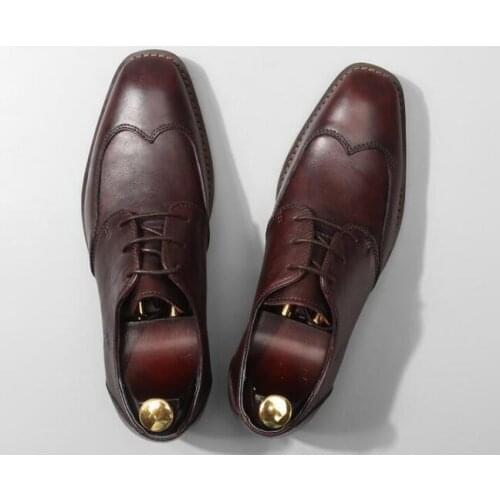 Fashion Square toes shoes for men Formal Comfortable wedding shoes Lace up High Top Handmade Genuine Leather dress shoes for men