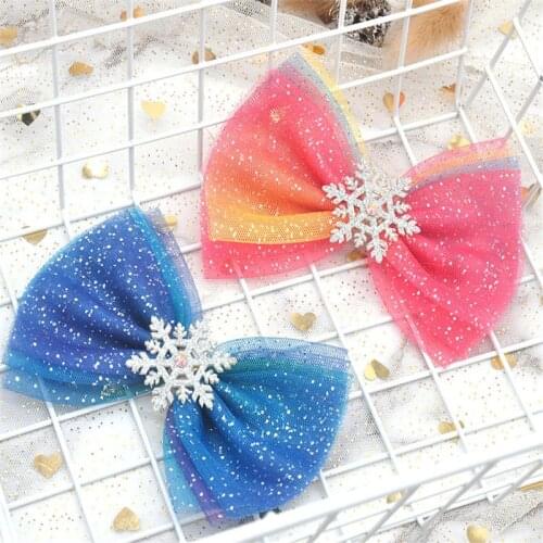 Kids Hair Bows Blue Starry Mesh Hair Clips Snowflake Bows Girls Cosplay Headwear Princess Party Dance Christmas Hair Accessories