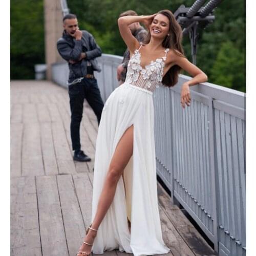 Wedding Dress Boho 2021 A-Line Chiffon White Sexy V-neck Floor Length Bohemian Spaghetti StrapRobe De Mariee Backless Beach
