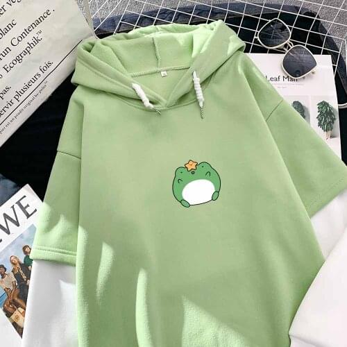 Kawaii Clothes Aesthetic Hoodies Women Oversized Loose Cartoon Frog Long Sleeve Sweatshirt Winter Pullover Women Cute Green Top