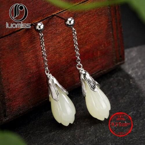 S925 Sterling Sliver Vintage Women Earrings Jewelry High-end Fashion Hetian Magnolia Inlaid Plant Drop Earrings for Lady
