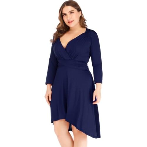 2021 Sexy Elegant For Fat Female Dress Plus Size Navy Blue Party Dress 5XL Deep V Neck Long Sleeve Slim Vintage Pleated Dress
