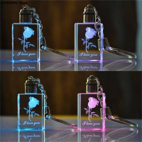 1pc Personality Square Crystal LED Light Change Key Chain Key Accessories Gift Rose Pattern Luminous Keyring