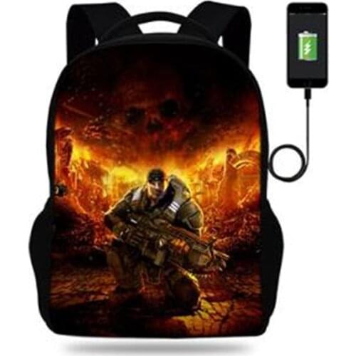 17inch Gears Of War Mens College Backpack usb Charger Schoolbag for Laptop Backpacks for Teenage School Bag Boys Mochila