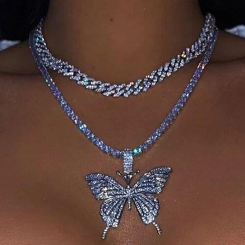 2Pcs/Set Luxury Shiny Chunky Rhinestone Choker Necklace Hip hop Bling Crystal Butterfly Pendant Necklace Nightclub Party Jewelry