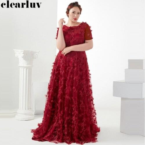 3D Flowers Robe De Soiree Evening Gowns T398 2019 Plus Size Burgundy Elegant Women Party Dresses O-neck Lace Up Formal Dresses