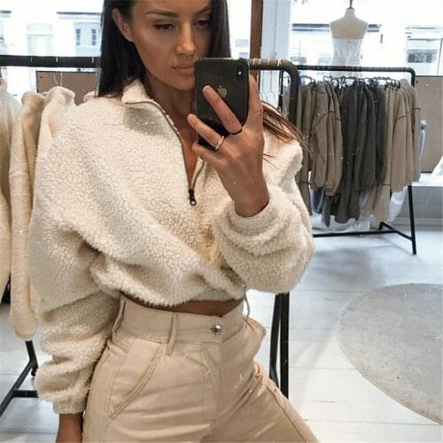 Long Sleeve White Cropped Hoodie Women Autumn Winter Pullover Short Sweatshirt Plush Zipper Faux Fur Fluffly Sweatshirt