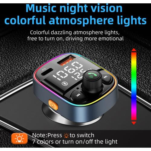 Handsfree Call Bluetooth Adapter for Car,FM Transmitter with QC3.0+PD Port Charger,7 Color LED Atmosphere Light Mp3 Audio Music