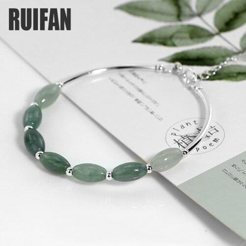Ruifan Natural Stone Green Jade 100% 925 Sterling Silver Bangle Bracelets for Women S925 Fine Jewelry Gift for Girlfriend YBR098