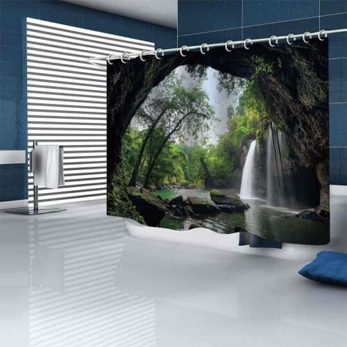 Forest Waterfall Shower Curtain for Bathroom Waterproof Non-slip Bath Mat Set Landscape Toilet Seat Cover Pedestal Rug