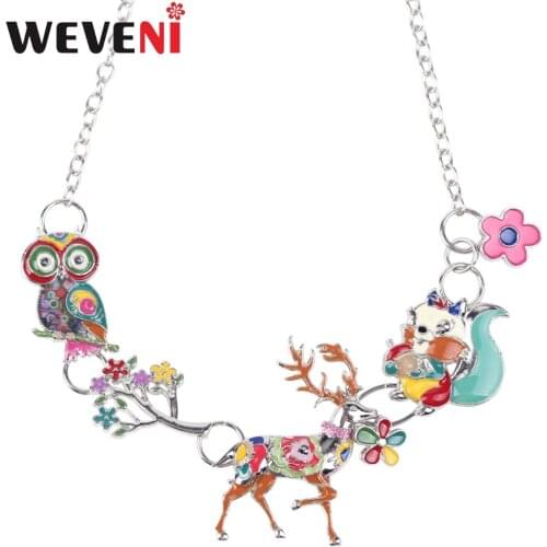 WEVENI Statement Enamel Metal Deer Owl Squirrel Choker Necklace Pendants Chain Collar 2017 New Fashion Animal Jewelry For Women