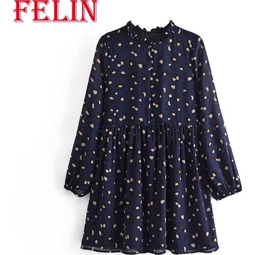 FELIN Women Dress Za Vintage Chic Animal Print Lining Navy Dress Eleagnt Trim Mini Dress Long Sleeve Casual Dress Vestidos