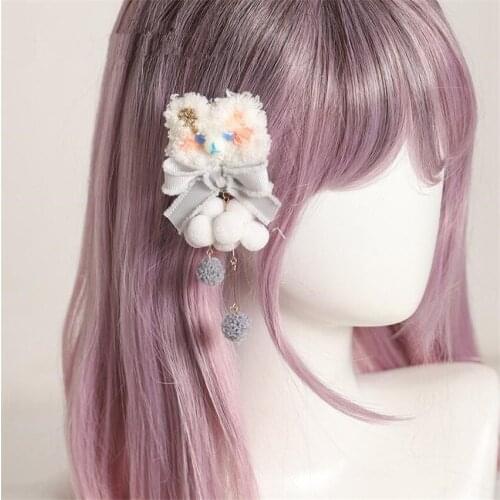 Handmade Lolita Plush Bear Headdress Cosplay Hairpin Bowknot Tassle Side Clip B1713