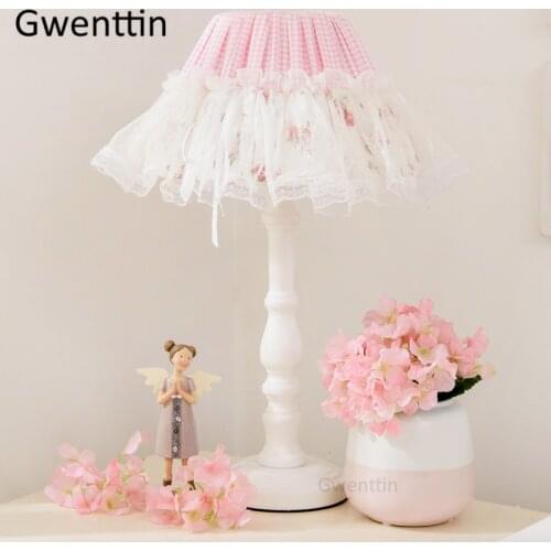 Korean Lace Table Lamps Wood Stand Lights for Childrens Room Bedroom Bedside Lamp Princess Girl Modern Desk Light Home Deco