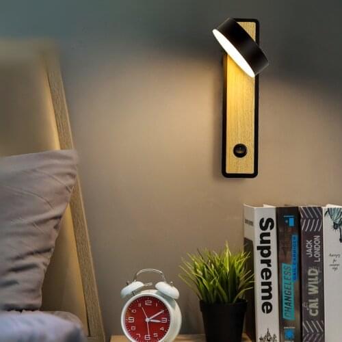 Nordic Wood Wall Lamps with Switch Bedside Light Creative Round Rotary Lampshade Bedroom Wall Sconce