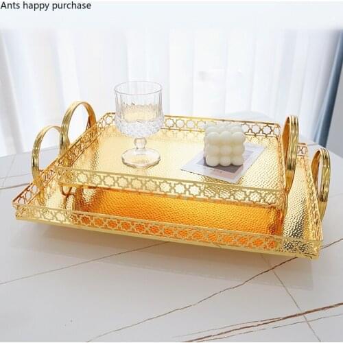 Metal Storage Tray Golden Rectangle Binaural Decorative Plate Cake Pan Snacks Dessert Plate Fruit Tray Desktop Organize Disk