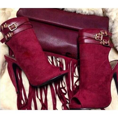 Fashion Metal Buckle Strap Peep Toe Summer Booties Slingbacks Women Shoes Wine Red Black Suede High Heels Gladiator Ankle Boot