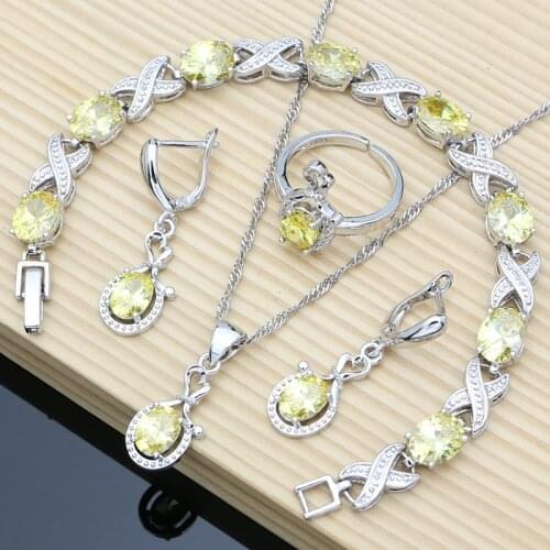Shiny Yellow Topaz Silver 925 Jewelry Sets for Women Long Earrings Resizable Ring Bracelet Wedding Necklace Sets Gift for Her