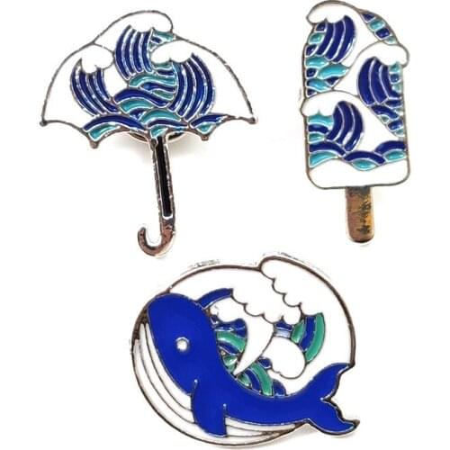 Cartoon Wave Enamel Custom Pins Umbrella Popsicle Whale Landscape Brooches Badges For Label Pins Jacket Jewelry Gift For Friends