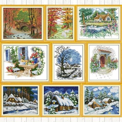 Flowers Garden Patterns Cross Stitch Set 14CT Scenery Series Handmade Embroidery Kits 11CT DIY Count Needlework Set Leisure Time