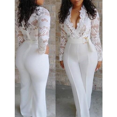 2021 summer new sexy deep v perspective lace stitching jumpsuit trousers women woman pants