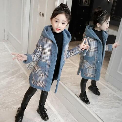 New Girls Woolen Coat Childrens Clothing 2019 Autumn Plush Hat Medium Long Wool Coat Baby Girls Cloths