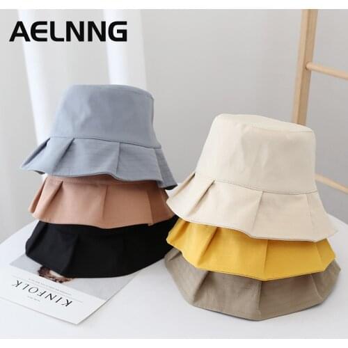 AELNNG Brand New Womens Bucket Hat Cotton Summer Sunscreen Panama Hats Fashion Pleated Brim Sunbonnet Outdoor Sun Hats KN001