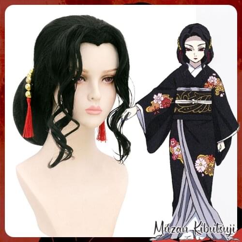 Short Wavy Hair Synthetic Wig Muzan Kibutsuji Cosplay Black Middle part Kimetsu no yaiba Demon slayer Wigs for women Party