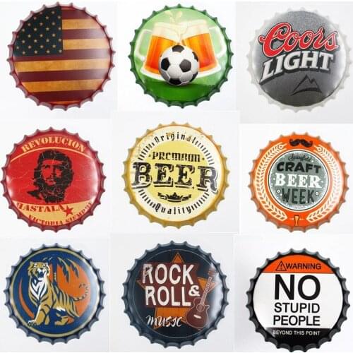 Beer Bottle Cap Sign Iron Plate Paintings Retro Beer Brand Indoor Wall Decor Metal Plaques Tin Signs