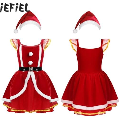 Dress For Kids Girls Fancy Dress Christmas Costume Santa Claus Clothes Princess Mesh Tutu Party Dress with Hat Outfit for Child