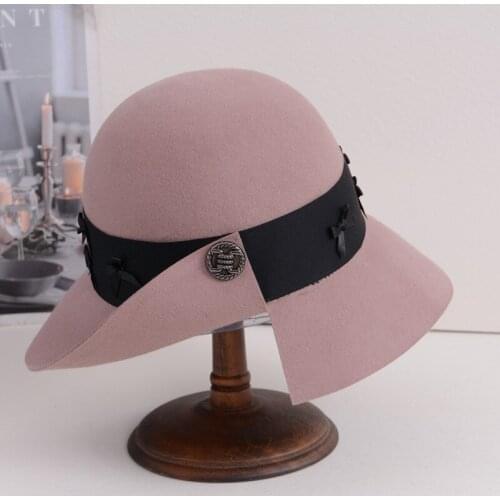 2021 New Winter Hats For Women Retro Wool Dome Fedora Wide Brim Bucket Hat Metal Buckle Curling Open Basin Hat Ladys Fedoras
