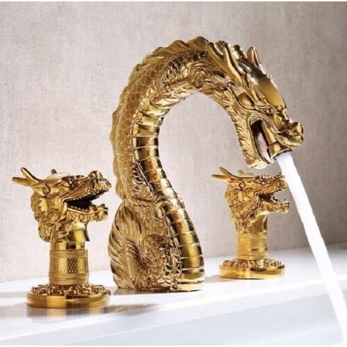 Free shipping golden & Chrome colour handles Dragon sink faucet widespread lavatory basin mixer tap 3 pcs