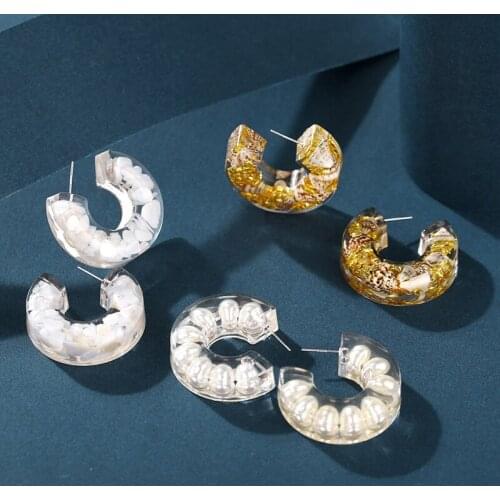 Thick Acrylic C-shaped Round Circle Earrings For Women Exaggerated Semicircle Inlaid Shell Hoop Earrings Ear Ring Jewelry