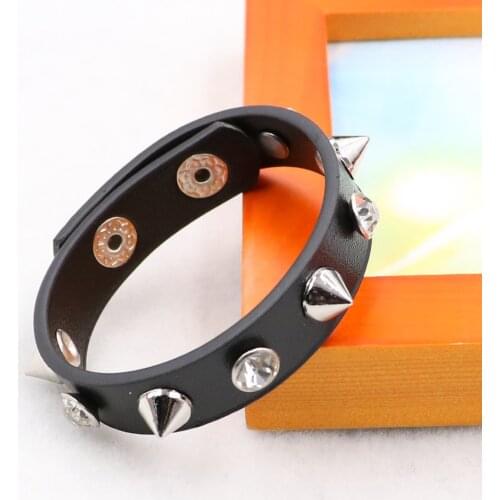 Unisex Punk Rock Spike Rivet Crystal Leather Bangle Bracelet Cuff Wristband