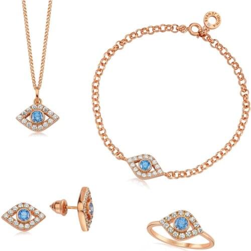Valori Jewels Showy Evil Eye, Zirconia White And Fancy Blue Gemstone, Rose Gold Plated, Sterling Silver Full Set