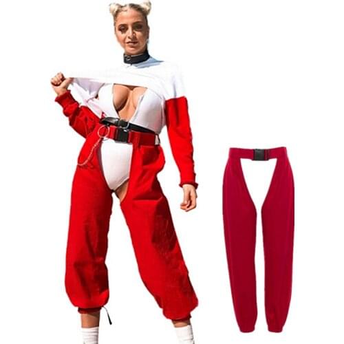 Women Sexy Red Hip Hop Pants Ladies Open Trousers Punk Buckle High Waist Jogging Sweatpants For Singers Rave DJ Gogo Dancer