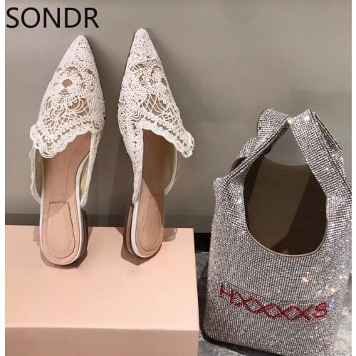 Womens Flats Mule Leisure Pointed Toe Mesh Lace Embroidery DIY Slip on Slipper Hollow Summer Shoes Slides Floral New Arrival M31